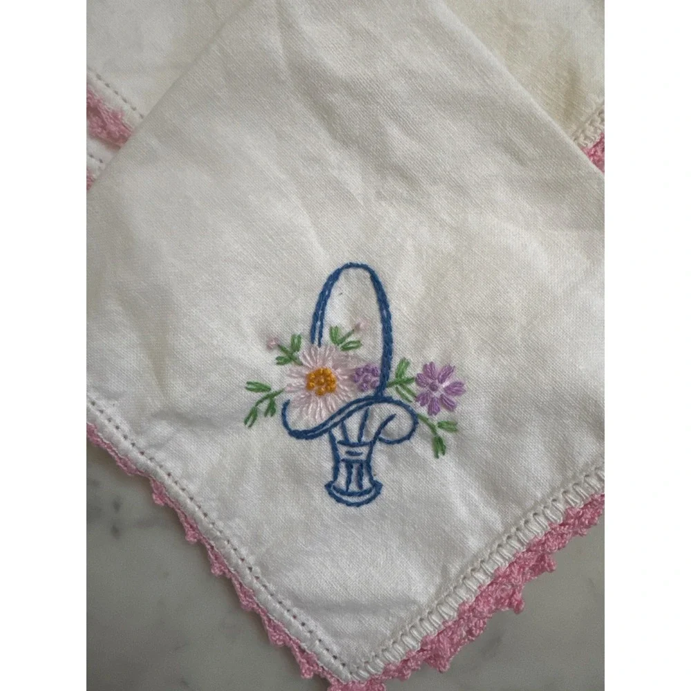 Vintage Embroidered Flower Basket Handkerchiefs Pink Crochet Lace‎ Trim Set of 4
